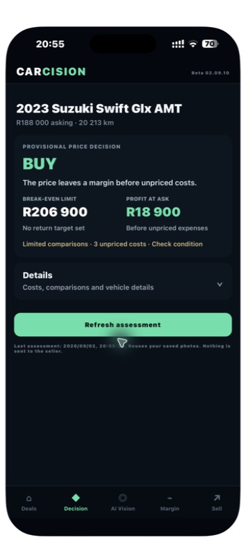 Actual Carcision beta decision screen with provisional price calculations and three unpriced expense categories.